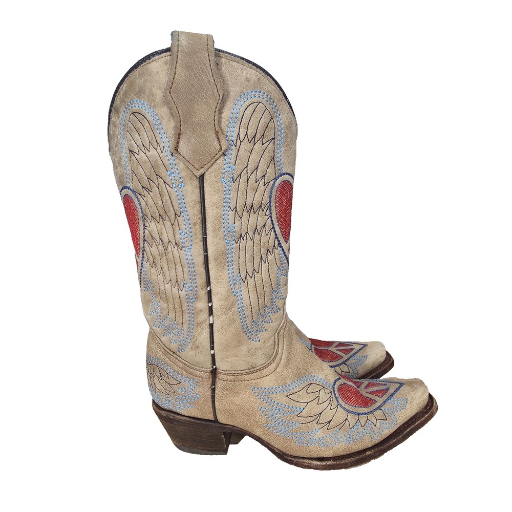 Corral Western Boots Girls 2 T Womens 4 Brown Angel Wings Hearts Cowgirl Pull On